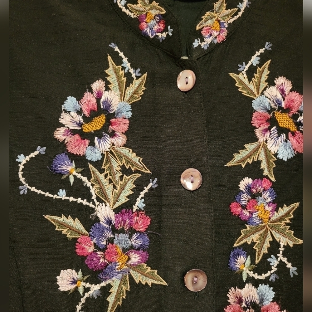 Units Silk Duster Jacket Mandarin Collar Embroidered Mother Pearl Buttons Boho - Picture 4 of 13
